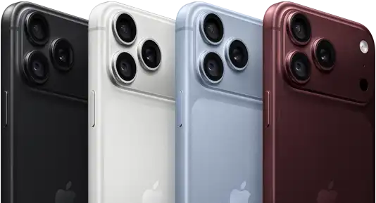 iPhone 18 Pro devices in a row, back exterior, all four colours: Burgundy, Glacier, Silver, Black, Pro Fusion camera system in top left corner, 3 lenses, microphone, flash