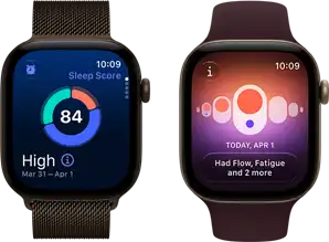 Two Apple Watch Series 12 devices, one with aluminum case, dark bronze colour, sleep score circle graph, Digital Crown, Milanese Loop band, dark bronze colour and one with Cycle Tracking, aluminum case, light gold colour, Sport Loop band, burgundy colour