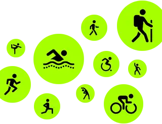 Workout icons, animated stick people running, walking, swimming, using wheelchair, hiking, cycling, lunging, dancing, stretching and doing yoga