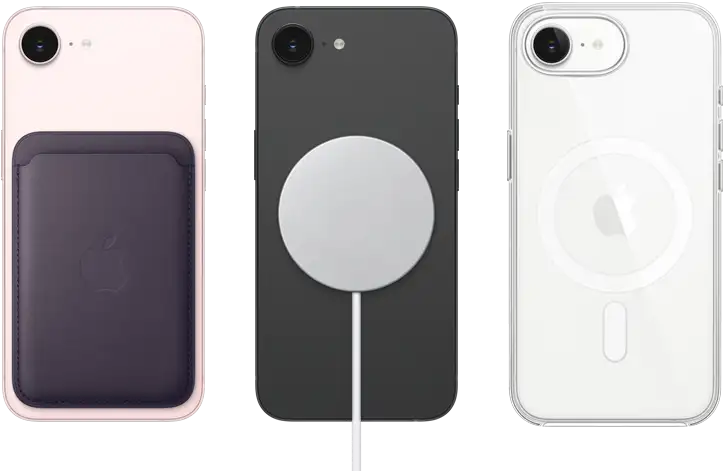 iPhone 17e, back exterior, soft pink colour, FineWoven Wallet with MagSafe attached, iPhone 17e, back exterior, black colour, MagSafe Charger attached, iPhone 17e, back exterior, white colour, Clear Case with MagSafe attached