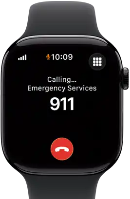 Apple Watch Series 11, aluminum jet black case, emergency call to 911 on screen, right side exterior: Digital Crown, black Sport Band