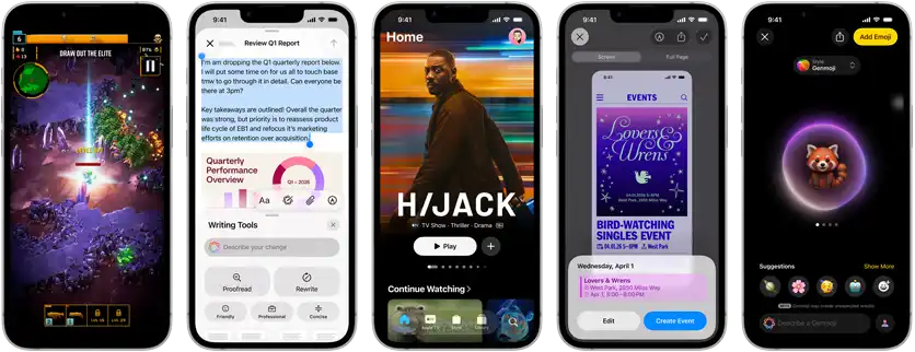 Side-by-side iPhone 17e devices showing different screens: a game being played, Writing Tools, Apple TV app, a calendar event being created, a Genmoji being created