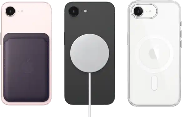 iPhone 17e, back exterior, soft pink colour, FineWoven Wallet with MagSafe attached, iPhone 17e, back exterior, black colour, MagSafe Charger attached, iPhone 17e, back exterior, white colour, Clear Case with MagSafe attached