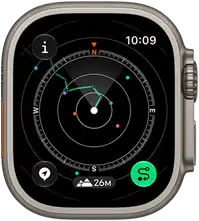 Apple Watch Ultra 4, titanium case, natural colour, Backtrack showing route with compass directions, right side exterior, Digital Crown, raised side button