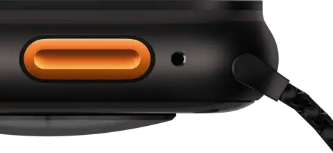 Apple Watch Ultra 3, black colour, titanium case, convex sensor on back, left side exterior, Action button, siren