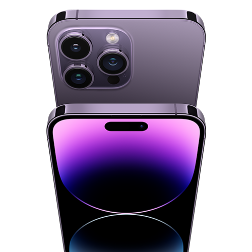 Close up view of a Deep Purple iPhone 14 Pro smartphone.
