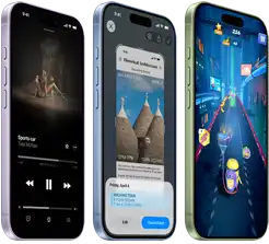 iPhone 17 devices, exterior front, exterior side, demonstrating Apple Music, Visual intelligence, gaming, buttons: Action button, volume