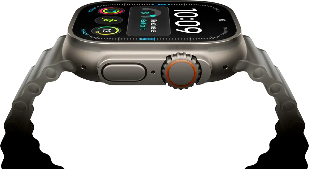 Apple Watch Ultra 4, titanium case, natural colour, digital clock face, complications: readiness, heart rate, Workouts, temperature, right side exterior, Digital Crown, raised side button, Ocean Band, translucent grey colour