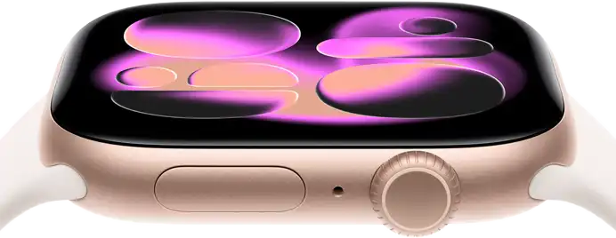 Apple Watch Series 11, aluminum rose gold case, Responsive Art watch face, right side exterior: Digital Crown, microphone, side button, light blush Sport Band