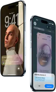 Two iPhone Air devices, front exterior, side exterior, thin profile, Lock Screen, visual intelligence feature in use