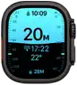 Apple Watch Ultra 4, titanium case, black colour, Depth app showing diving metrics, right side exterior, Digital Crown, raised side button