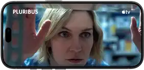 iPhone 18 Pro, landscape mode, displaying a close-up of a woman looking through a window. Series title: Pluribus