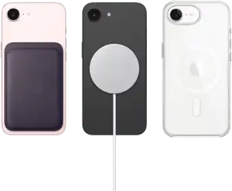 iPhone 17e in soft pink colour with FineWoven Wallet in midnight purple colour, iPhone 17e in black colour and MagSafe Charger, iPhone 17e in white colour with Clear Case with MagSafe