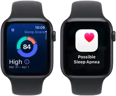 Two Apple Watch SE 3 devices with Midnight aluminum cases showing sleep score and a possible sleep apnea alert on screens