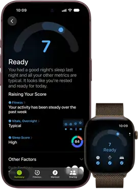 iPhone 18 Pro, black, front exterior, displaying the results of the Readiness status (score of 7), paired with Apple Watch, front facing, brown, displaying the same Readiness score of 7