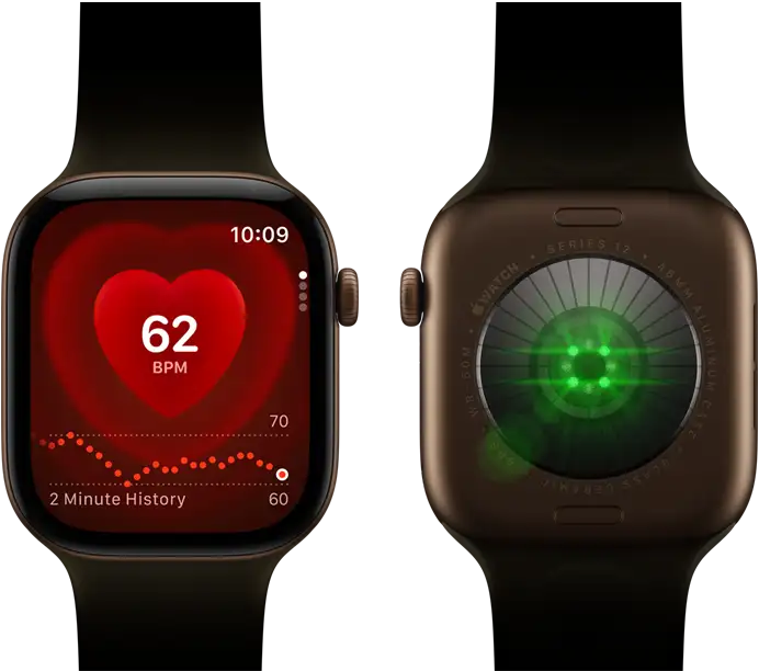Two Apple Watch Series 12 devices, aluminum case, dark bronze color with olive Sport Band, one showing the Heart Rate app, the other with the Health Sensing System on the back of the watch, with glowing green LED lights