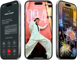 3 modèles d’iPhone 17 Pro, face avant, côte à côte, affichant iOS 26, l’effet liquid glass et Apple Intelligence