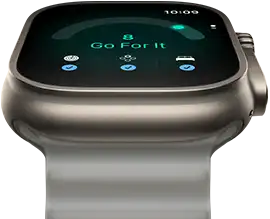 Apple Watch Ultra 4, titanium case, natural colour, readiness score of 8, right side exterior, Digital Crown, raised side button, Ocean Band, translucent grey colour