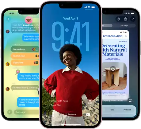 Three iPhone 17e devices, showing Messages app with Liquid Glass design, dynamic Lock Screen and Visual Intelligence in use