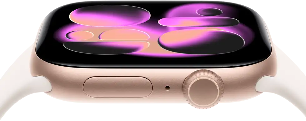 Apple Watch Series 11, boîtier en aluminium or rose, cadran Illustration réactive, côté droit extérieur : Digital Crown, microphone, bouton latéral, bracelet sport rose tendre