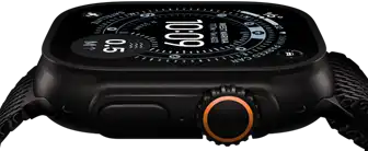 Apple Watch Ultra 3, side exterior, black titanium case, compass on Orienteering watch face, side button and digital crown
