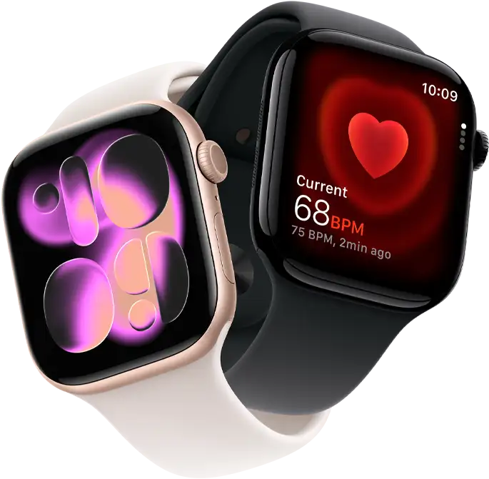 Apple Watch Series 11, aluminum rose gold, Responsive Art watch face, right side exterior: Digital Crown, microphone, side button, light blush Sport Band, Apple Watch Series 11, aluminum jet black, Heart Rate app, current beats per minute, right side exterior: Digital Crown, black Sport Band