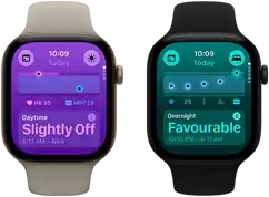 Two Apple Watch Series 12 devices: aluminum case, light gold colour, Daytime Vitals Slightly Off, Digital Crown, sand Sport Band, aluminum case, black colour, Overnight Vitals Favourable, Digital Crown, black Sport Band