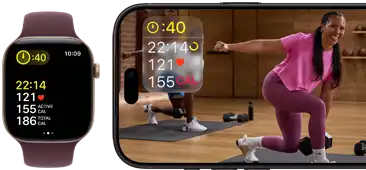 Apple Watch next to iPhone with Apple Fitness+ class on screen