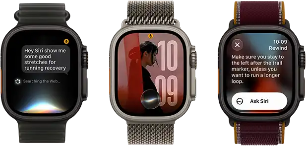 Three Apple Watch Ultra 4 devices, one with black titanium case, Siri AI conversation, translucent black Ocean Band, one with natural titanium case, personalized photo on watch face with Siri AI complication, natural titanium Milanese Loop band, and one with black titanium case, Siri Recap, burgundy Trail Loop band