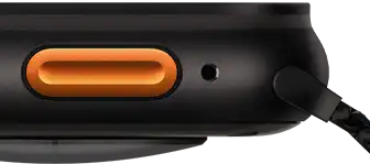 Apple Watch Ultra 3, black colour, titanium case, convex sensor on back, left side exterior, Action button, siren