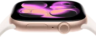 Apple Watch Series 11, boîtier en aluminium or rose, cadran Illustration réactive, côté droit extérieur : Digital Crown, microphone, bouton latéral, bracelet sport rose tendre