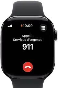 Apple Watch Series 11, boîtier en aluminium noir de jais, appel d’urgence au 911 à l’écran, côté droit extérieur : Digital Crown, bracelet sport noir