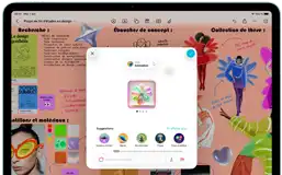 iPad Air, face avant, orientation paysage, boutons de réglage du volume, bouton d’alimentation, écran affichant une interface d’app colorée avec plusieurs icônes