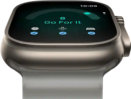 Apple Watch Ultra 4, titanium case, natural colour, readiness score of 8, right side exterior, Digital Crown, raised side button, Ocean Band, translucent grey colour