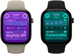 Two Apple Watch Series 12 devices: aluminum case, light gold colour, Daytime Vitals Slightly Off, Digital Crown, sand Sport Band, aluminum case, black colour, Overnight Vitals Favourable, Digital Crown, black Sport Band
