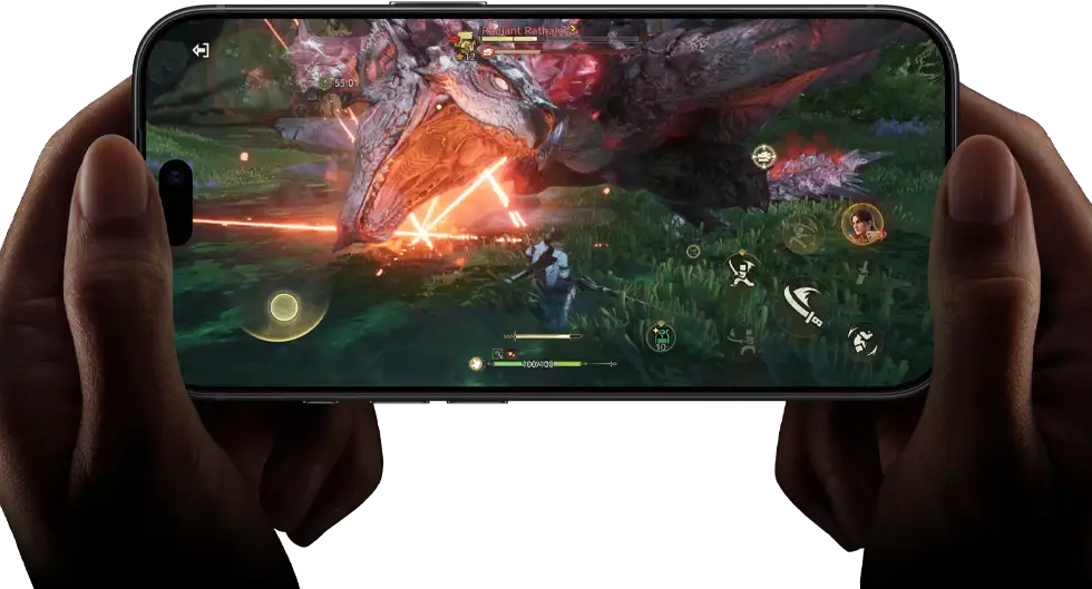iPhone 18 Pro, front exterior, demonstrating the performance capabilities of the A20 Pro chip with a scene from the Monster Hunter Outlanders