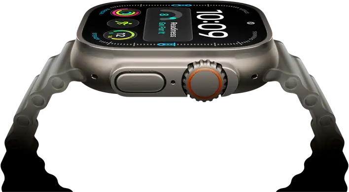 Apple Watch Ultra 4, titanium case, natural colour, digital clock face, complications: readiness, heart rate, Workouts, temperature, right side exterior, Digital Crown, raised side button, Ocean Band, translucent grey colour