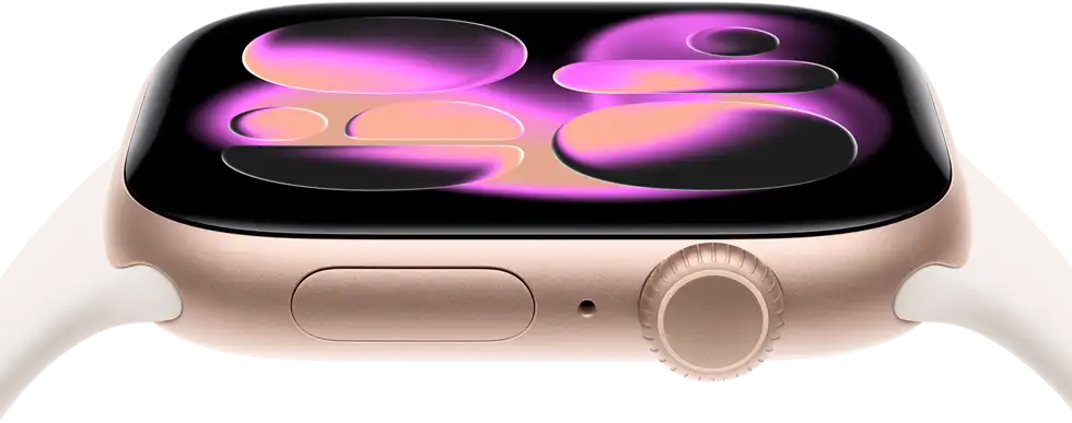 Apple Watch Series 11, aluminum rose gold case, Responsive Art watch face, right side exterior: Digital Crown, microphone, side button, light blush Sport Band