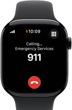 Apple Watch Series 11, aluminum jet black case, emergency call to 911 on screen, right side exterior: Digital Crown, black Sport Band