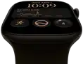 Apple Watch Series 12, aluminum case, dark bronze colour, Modular watch face, complications: day and date, Workouts, Activity rings, Apple Music, right side exterior, Digital Crown, Sport Band, olive colour