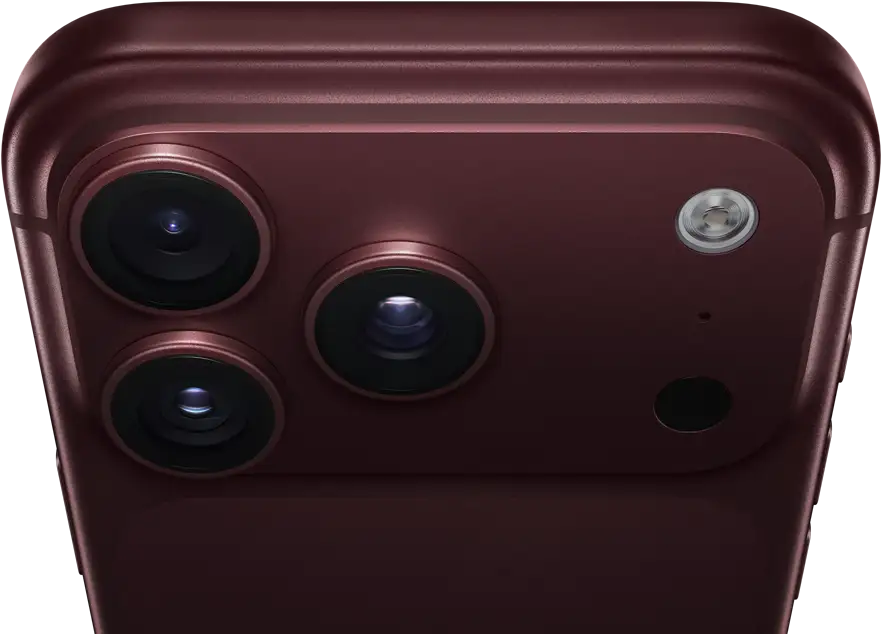 iPhone 18 Pro Max, burgundy colour (dark red), back exterior, Pro Fusion camera system at top, 3 lenses, variable aperture blades partially closed, flash, microphone and LiDAR Scanner, top exterior, cellular antenna, flat sides, rounded edges