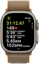 Apple Watch Ultra 4, titanium case, natural colour, advanced Outdoor Run workout metrics, right side exterior, Digital Crown, raised side button, Trail Loop band, sand colour