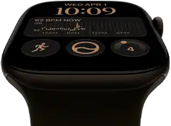 Apple Watch Series 12, aluminum case, dark bronze colour, Modular watch face, complications: day and date, Workouts, Activity rings, Apple Music, right side exterior, Digital Crown, Sport Band, olive colour