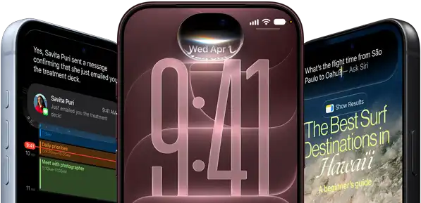3 iPhone 18 Pro devices in Glacier, Burgundy, and Black, front exterior, screens show Siri AI integration in lock screen, Message Summary, and Ask Siri