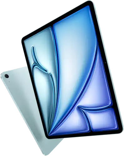Face avant d’iPad Air 13 pouces, image colorée à l’écran, vue arrière d’iPad Air 11 pouces et de sa caméra arrière grand-angle 12 mégapixels