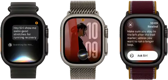 Three Apple Watch Ultra 4 devices, one with black titanium case, Siri AI conversation, translucent black Ocean Band, one with natural titanium case, personalized photo on watch face with Siri AI complication, natural titanium Milanese Loop band, and one with black titanium case, Siri Recap, burgundy Trail Loop band