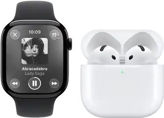 Apple Watch Series 11, titanium slate case, band: black sport band, Apple Music app open, paired with AirPods 4