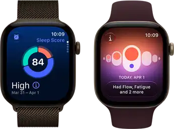 Two Apple Watch Series 12 devices, one with aluminum case, dark bronze colour, sleep score circle graph, Digital Crown, Milanese Loop band, dark bronze colour and one with Cycle Tracking, aluminum case, light gold colour, Sport Loop band, burgundy colour