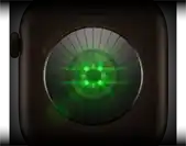 Back of Apple Watch Series 12, aluminum case, dark bronze colour, multiple round sensors with glowing green LED lights, left side exterior, Digital Crown, Sport Band, olive colour