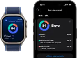 Graphique circulaire et résultat du score de sommeil sur Apple Watch Ultra 3, analyse complète du sommeil ouverte sur un iPhone jumelé